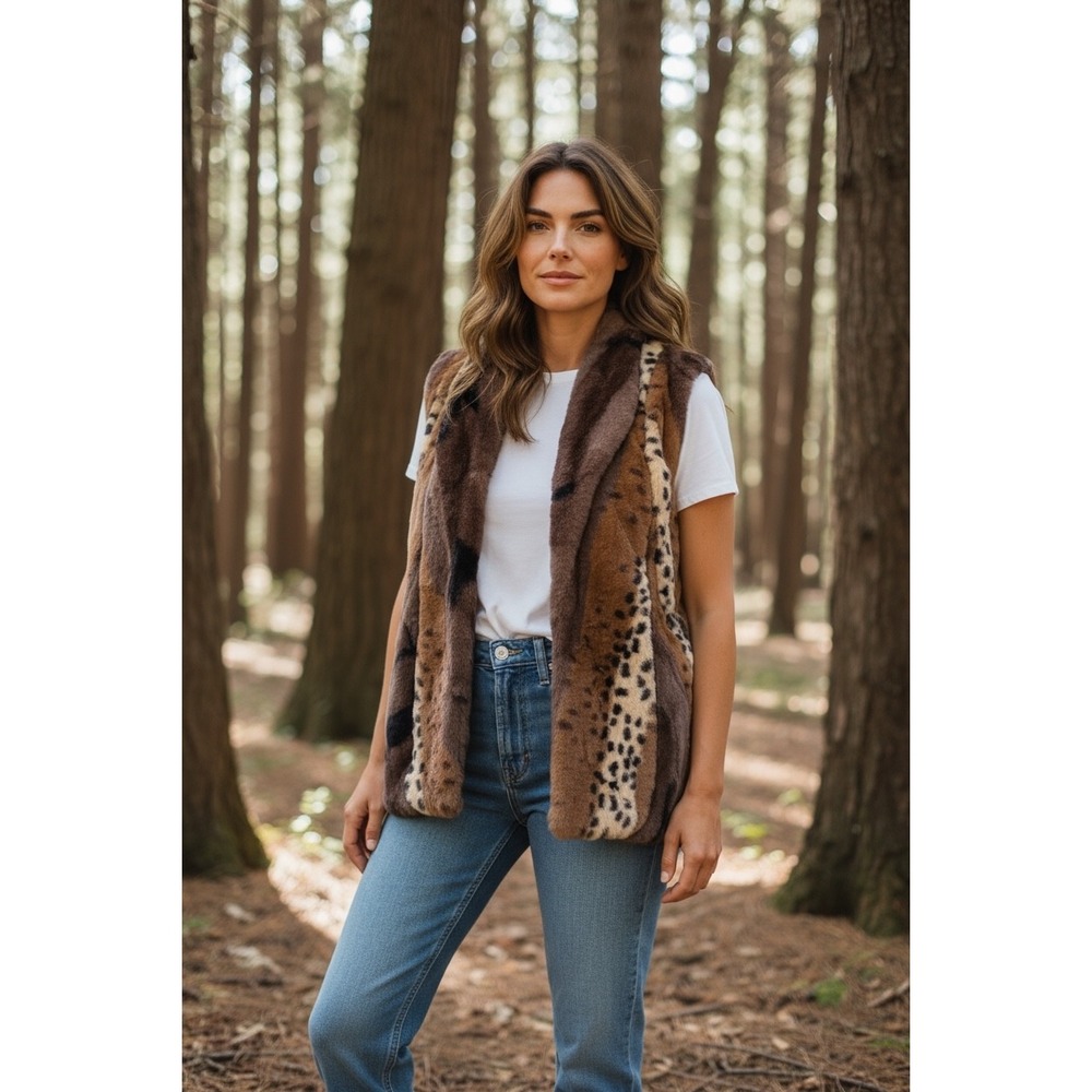 Faux Fur Leopard Print Vest Kate Rosy Petite Brown Tan Animal Print Size S